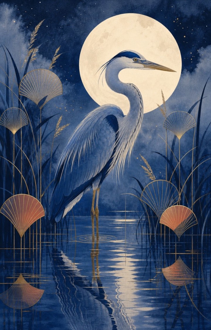 Celestial Heron wall art beneath an ivory moon