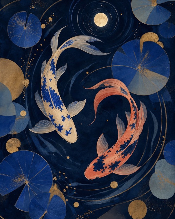 Lunar Koi wall art with two fish in celestial water