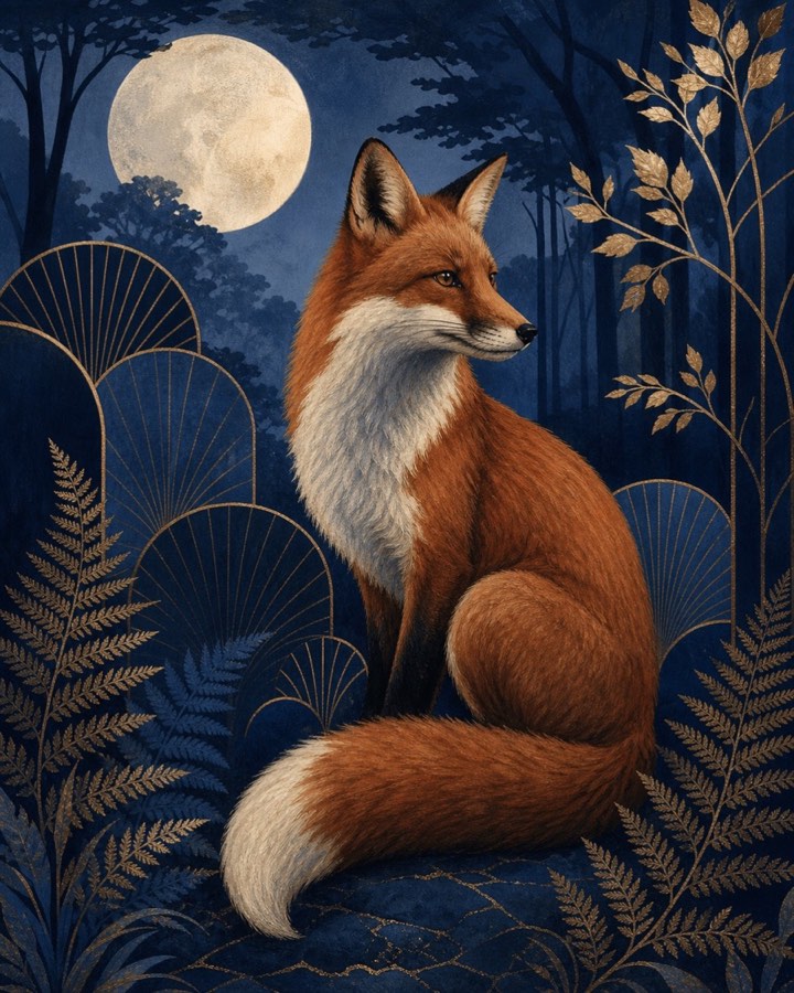Midnight Fox wall art in a moonlit landscape
