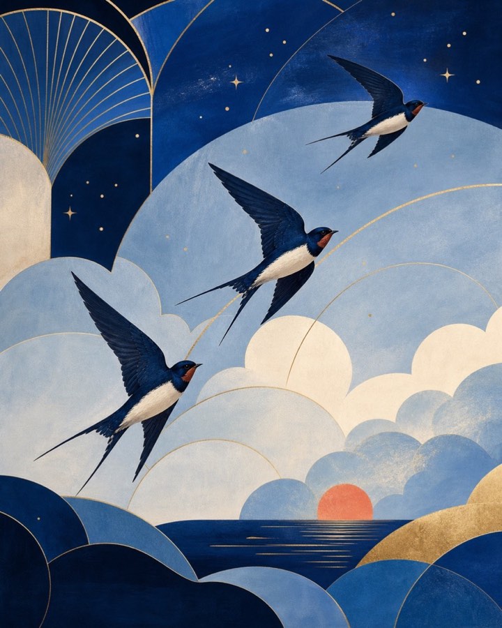 Blue Hour Swallows wall art with three birds over a coral horizon