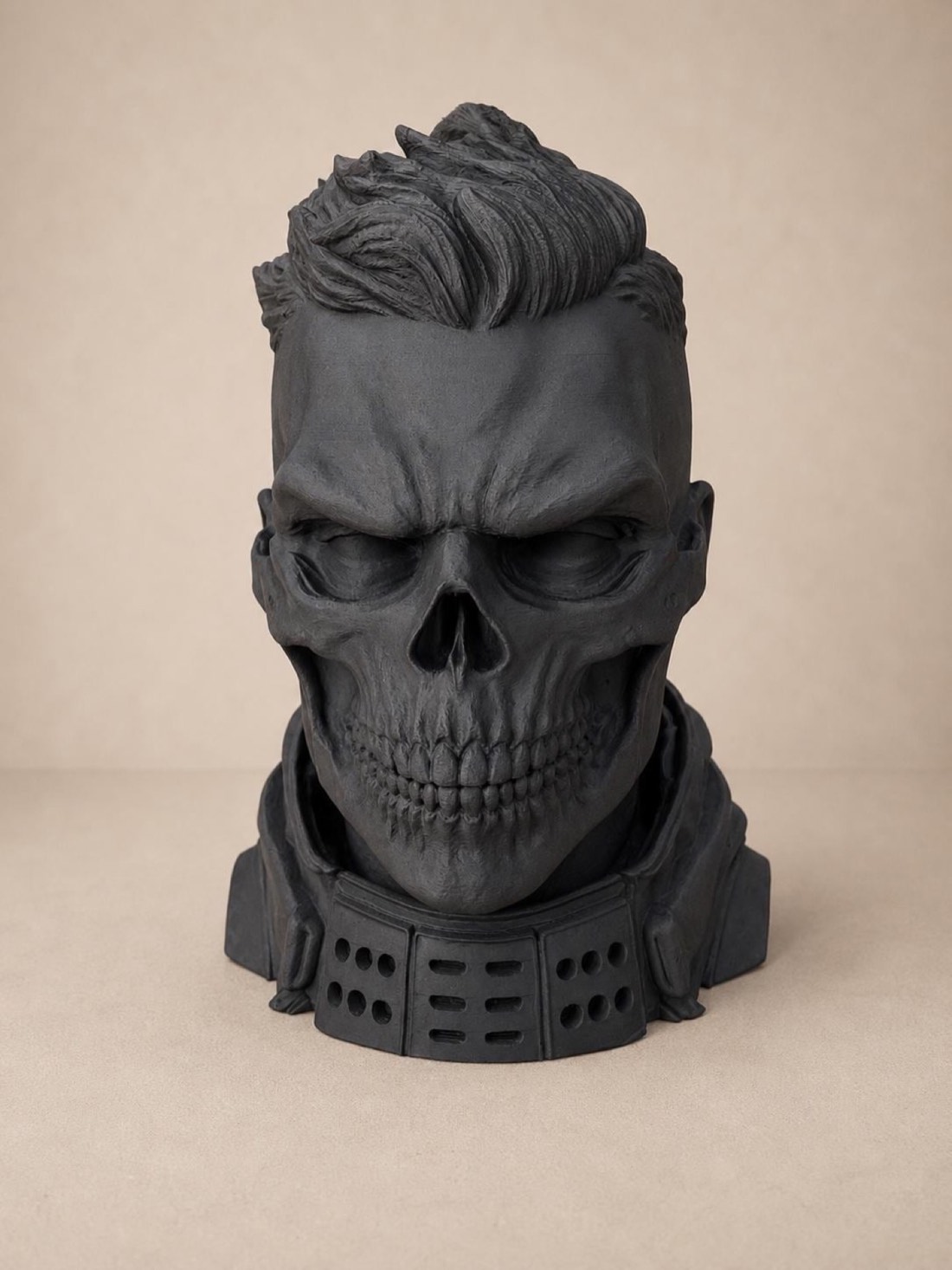 Black Ghost Soldier skull headphone stand with swept hair and tactical collar