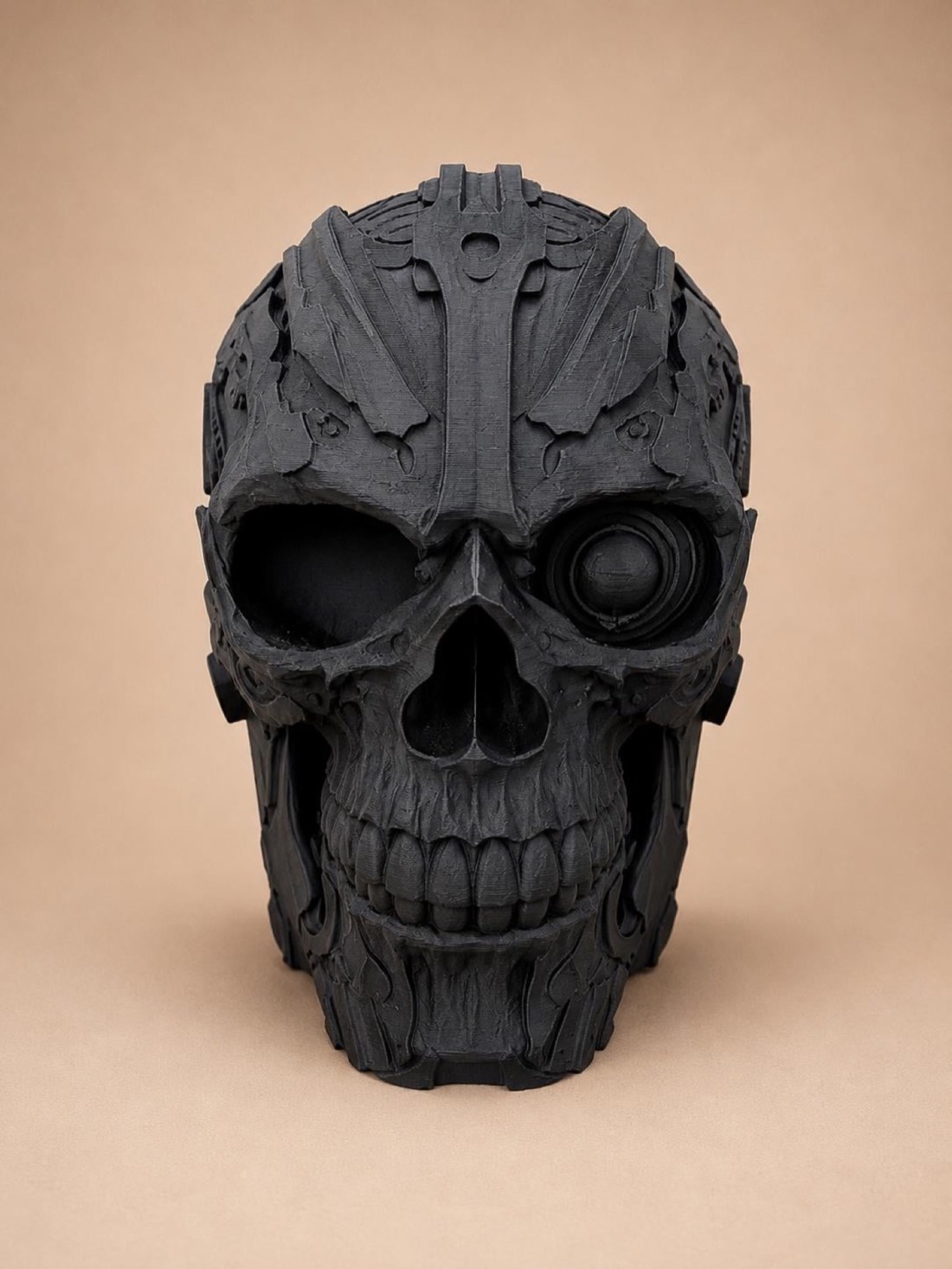 Black Ironbound skull headphone stand with ornate armour details