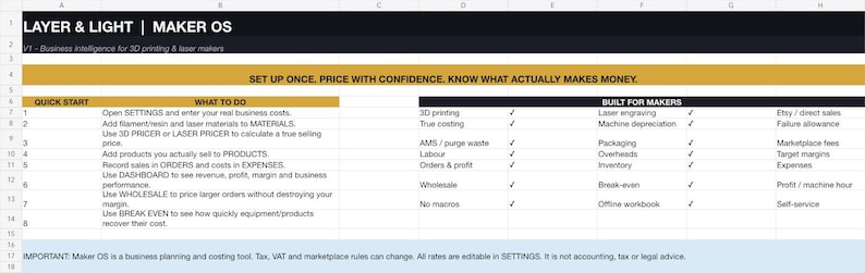 Maker OS Excel pricing and profit workbook for 3D-printing and laser makers